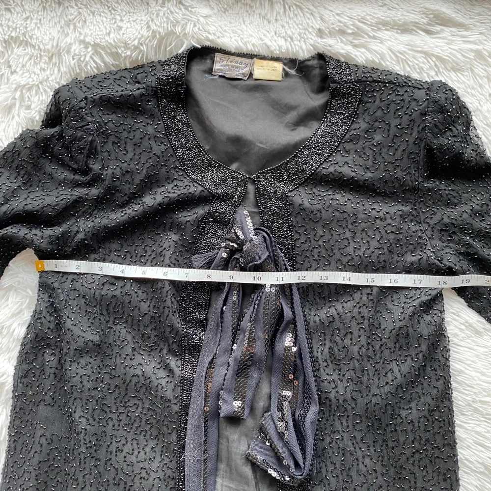 STENAY Vintage Beaded Silk Evening Jacket Black Sequin Formal Tie Front M